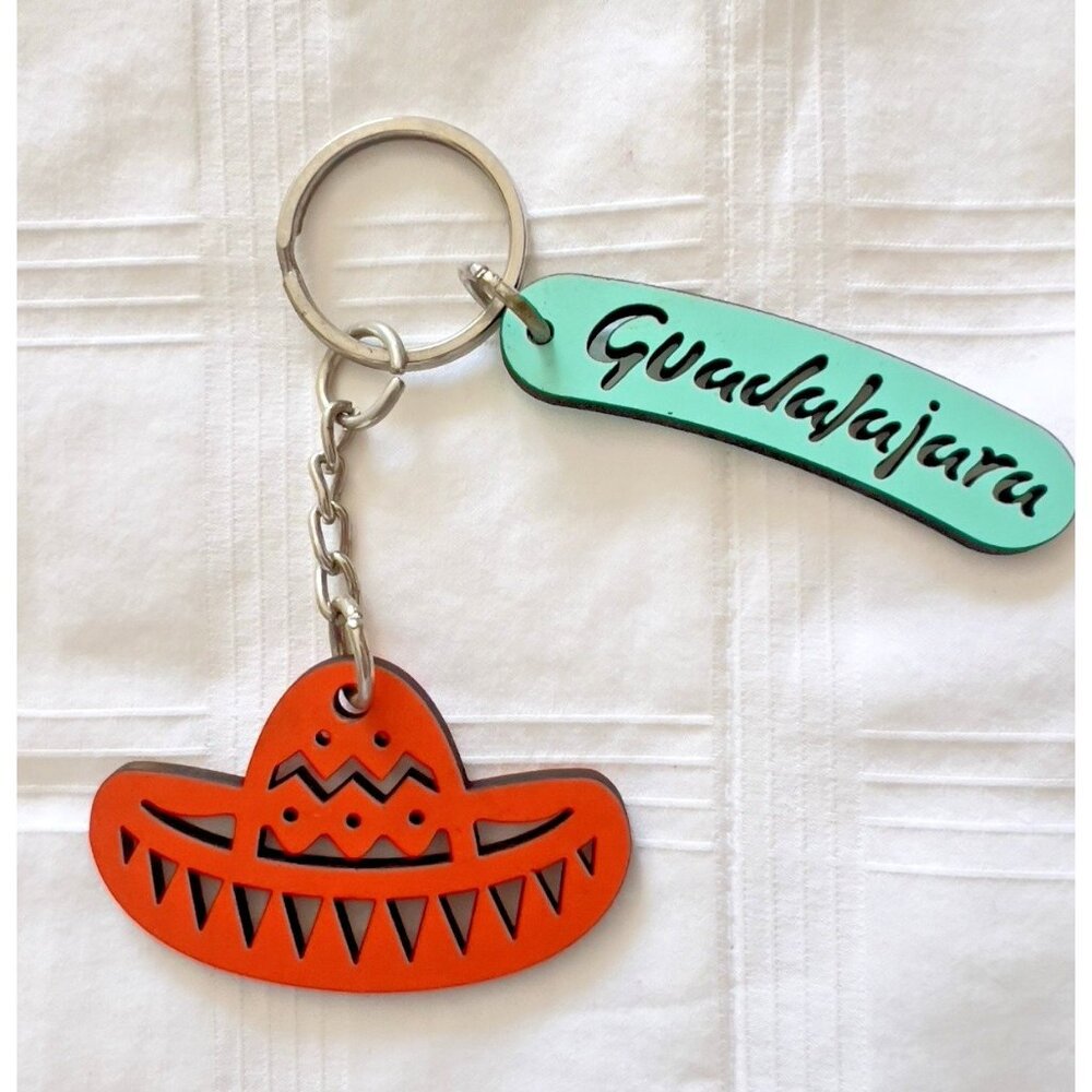 Keychain Guadalajara Sombrero Orange Teal 7"L x 2.5"W Mexico Key Chain